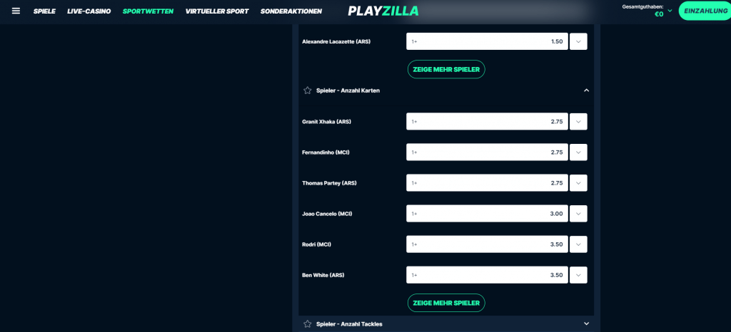 Kartenwetten auf Spieler bei PlayZilla