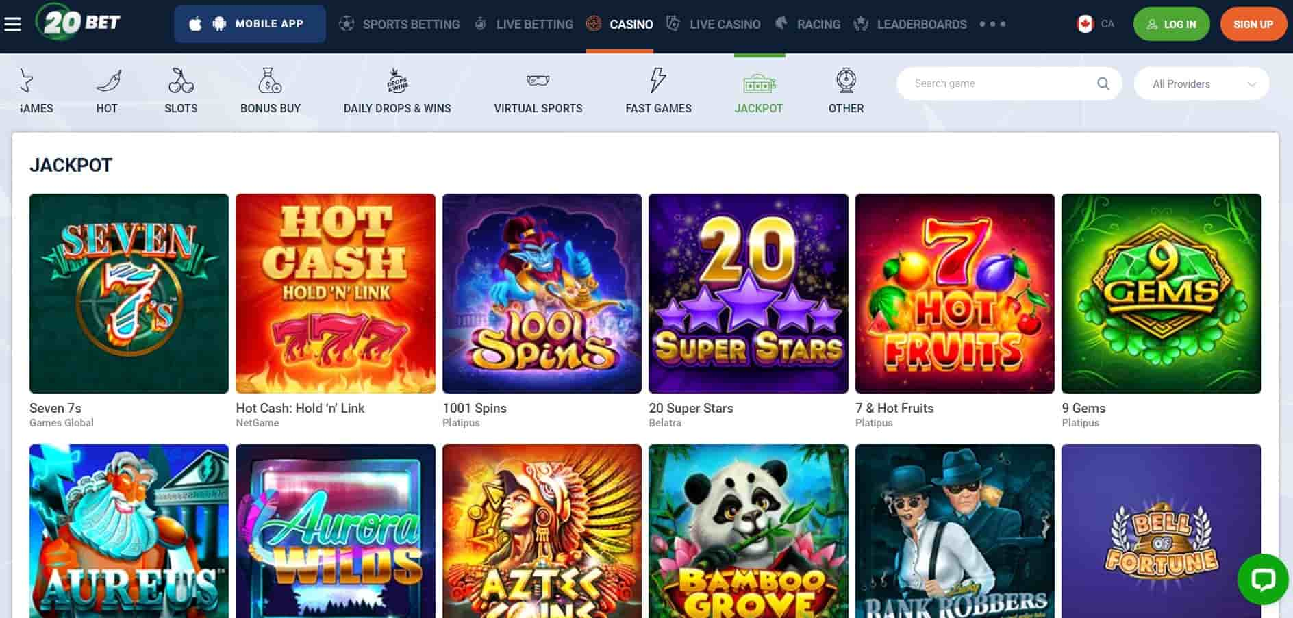 20bet casino jackpot games