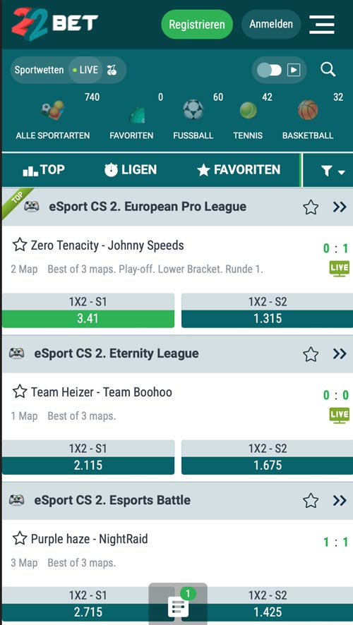 Livewetten mobil 22bet